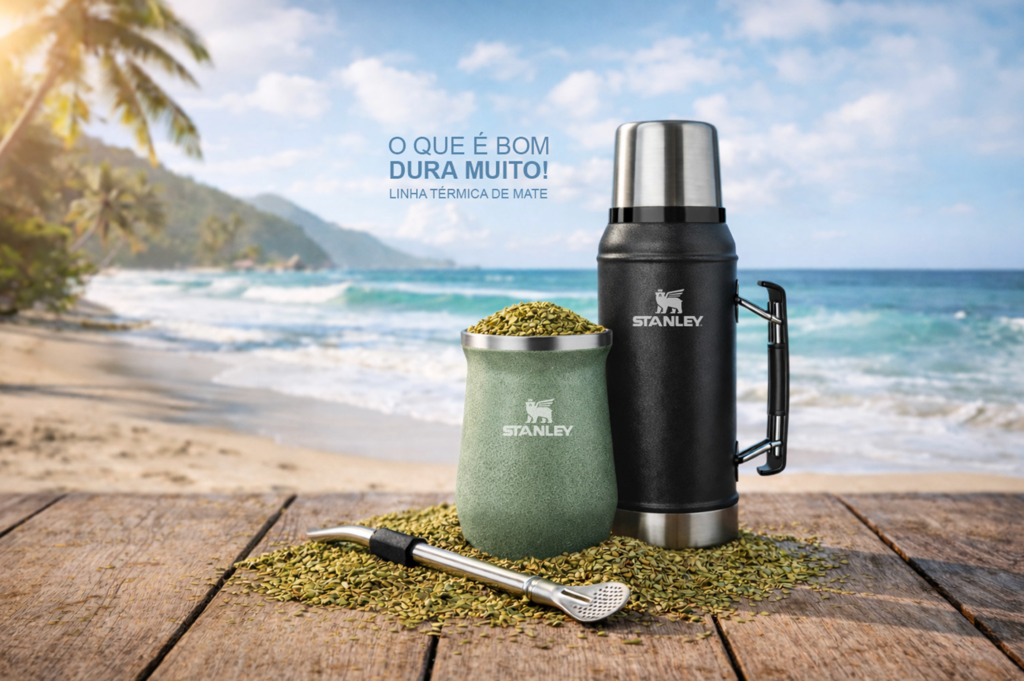 Stanley — linha térmica de mate em cenário de praia